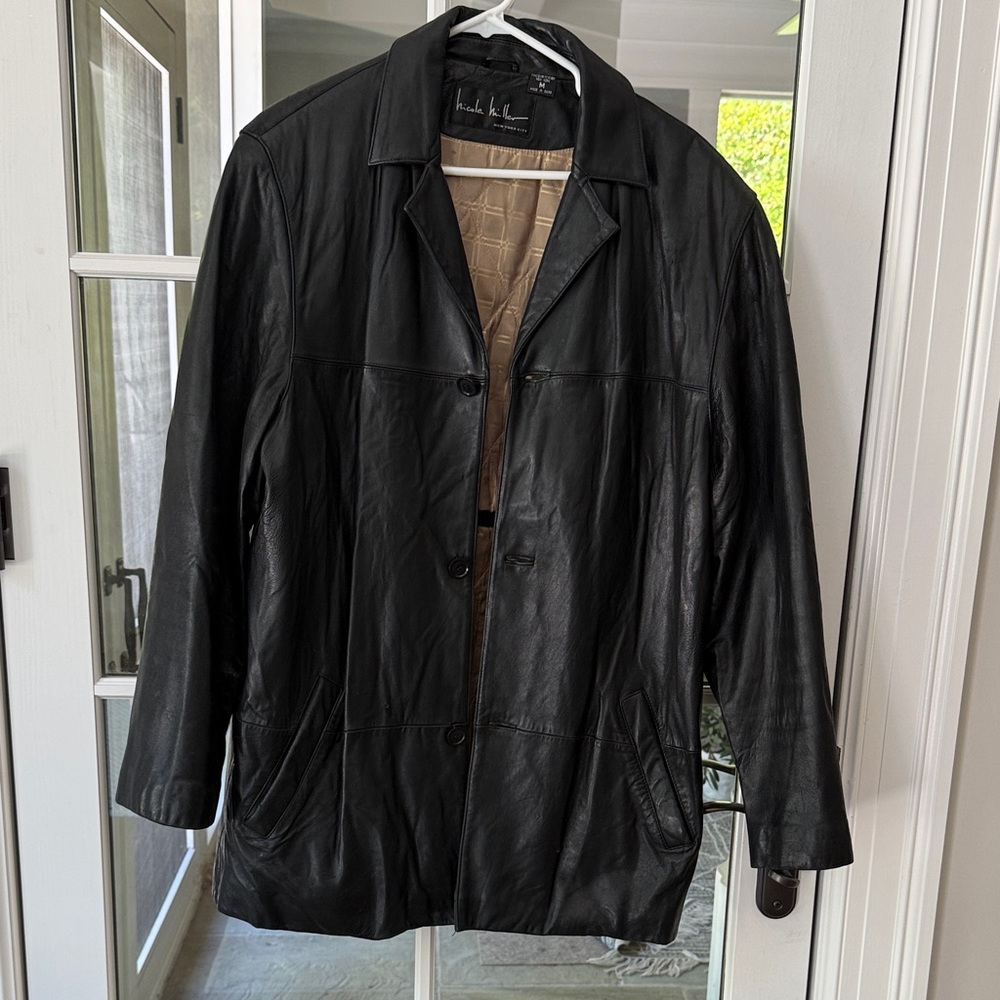 Nicole Miller Black Leather Trench Coat with Notch Collar